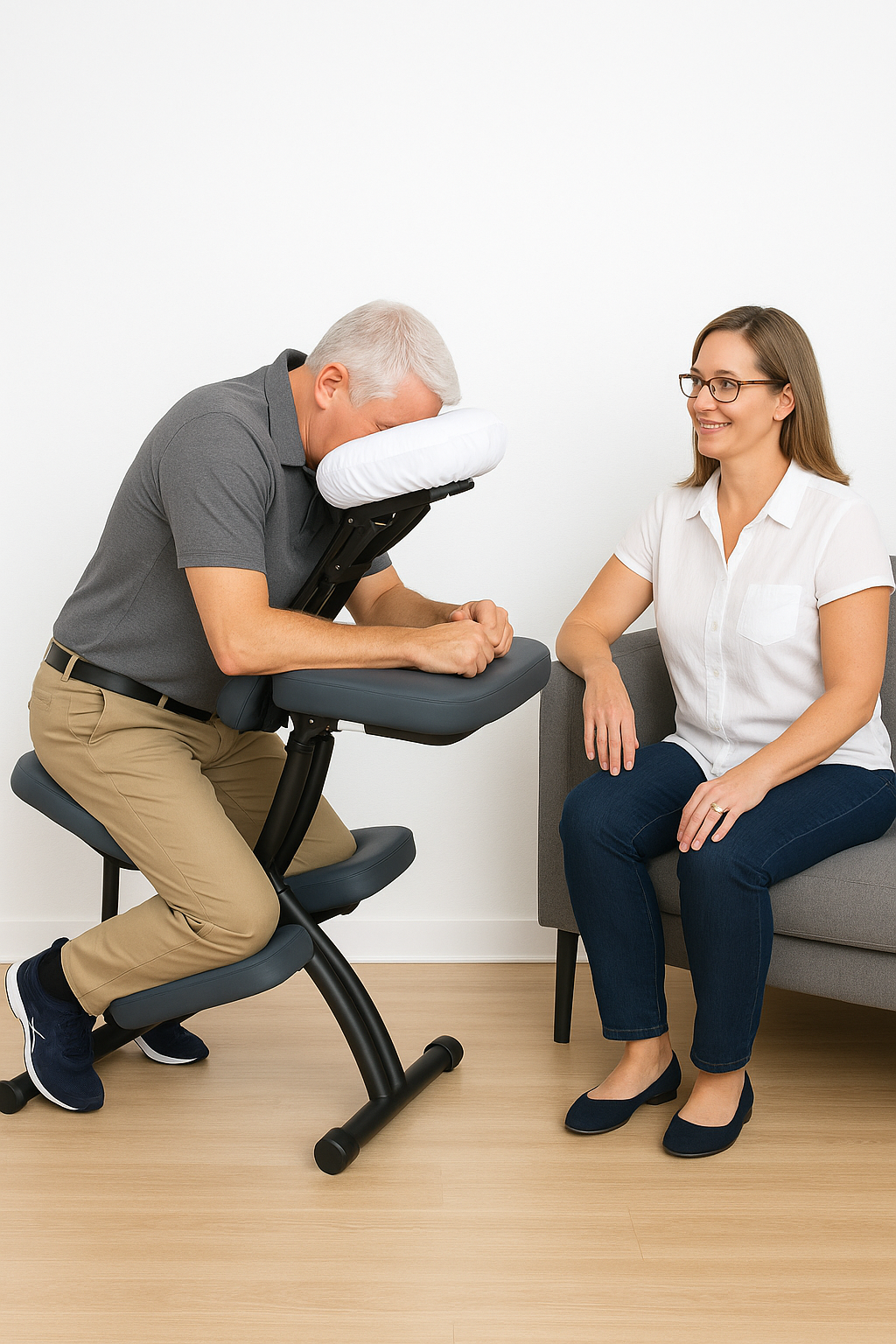 Person using a face downchair with a wife sitting on a couch.